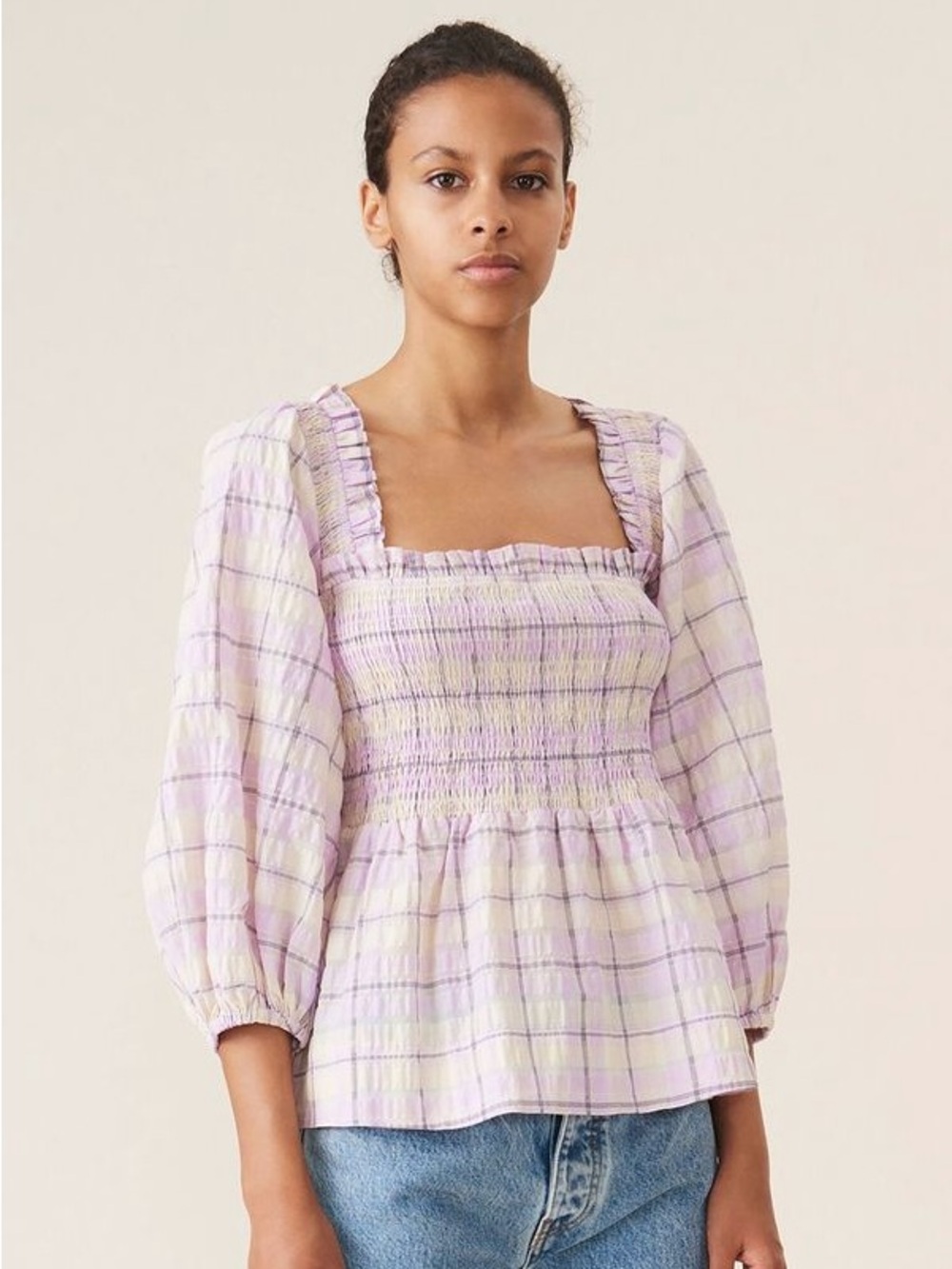 GANNI Seersucker Check Smocked Blouse in Orchid Bloom
